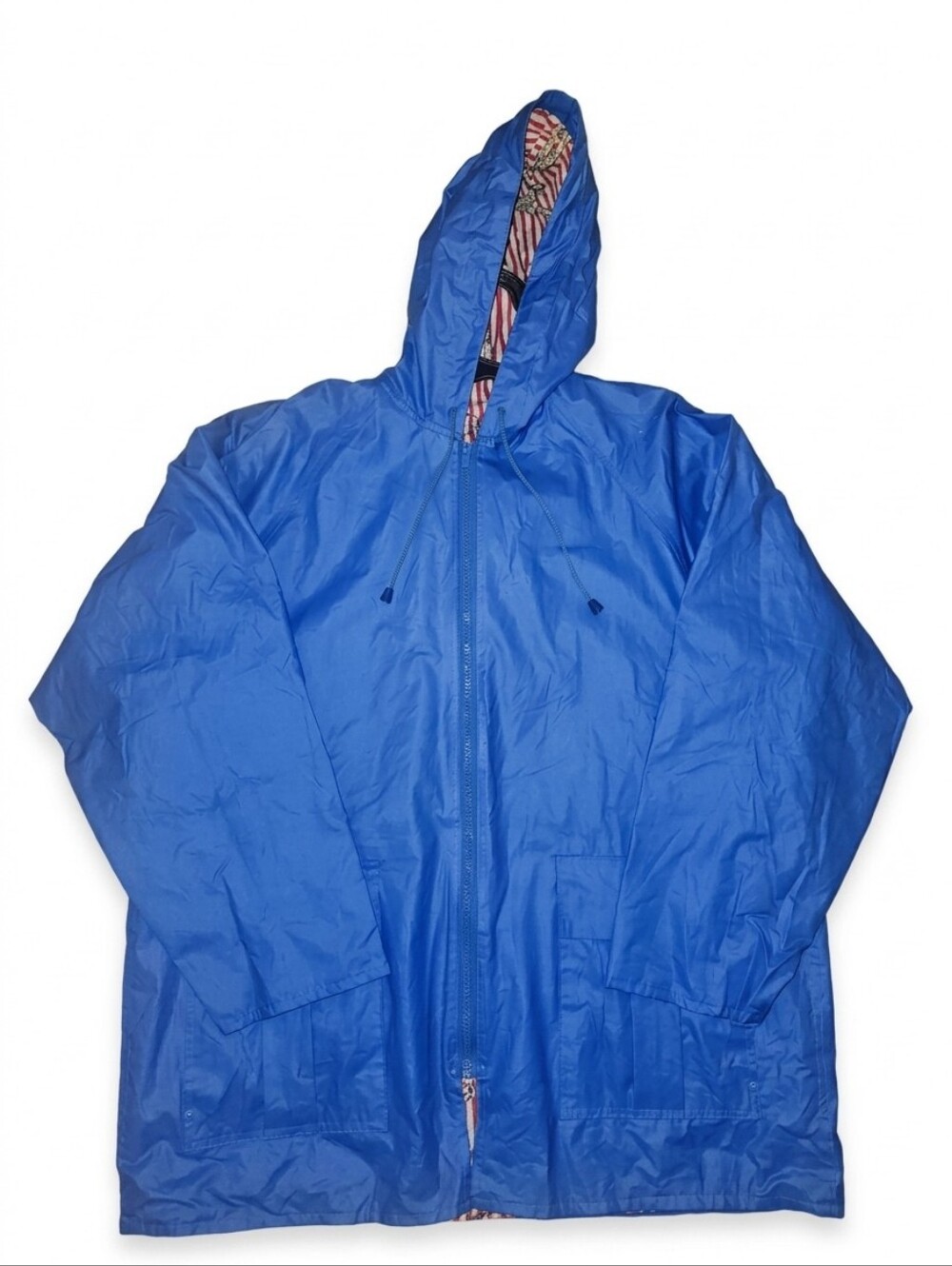 Vintage Misty Harbor Blue Hooded Rain Coat Jacket Nautical Compass Print Striped